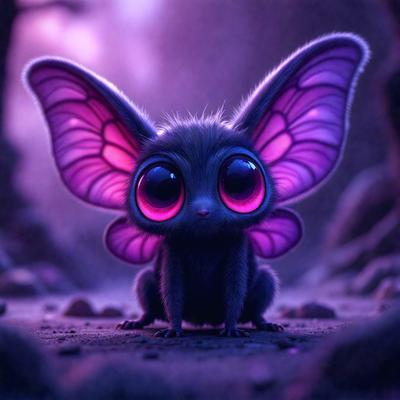 The primary subject of the image is a small, purple-eyed creature with large wings, possibly a fairy or a similar mythical creature. The creature is sitting on a rocky surface, which serves as the setting for the scene. The visual style of the image is a digital art or illustration, with the purple eyes and large wings being the most prominent features. The colors and mood of the image are predominantly dark and mysterious, with the purple eyes adding a touch of whimsy and fantasy